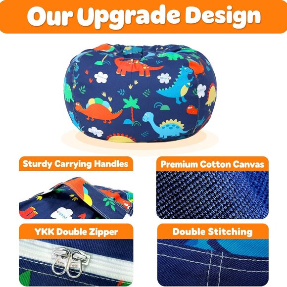 Dinosaur Stuffed Animal Storage Bean Bag Chair Holds 60+ Plush Toys, Washable - Picture 4 of 5